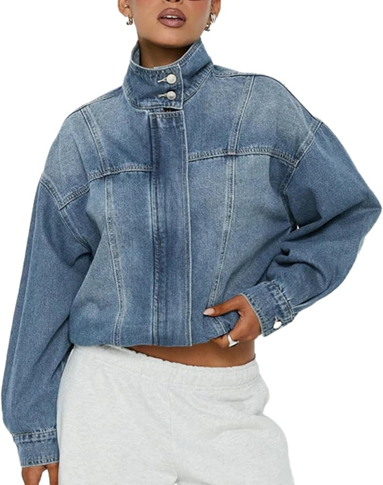 Jeans Jacket for Women Stand Collar Zip Up Elastic Waist Crop Long Sleeve Trendy Denim Jacket Coa... | Amazon (US)