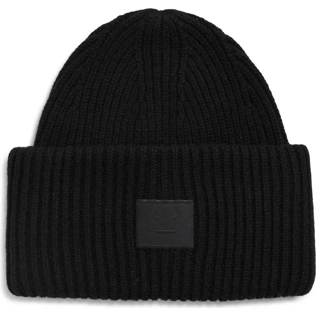 Acne Studios Pansy Face Patch Wool & Yak Hair Blend Beanie in Black at Nordstrom | Nordstrom