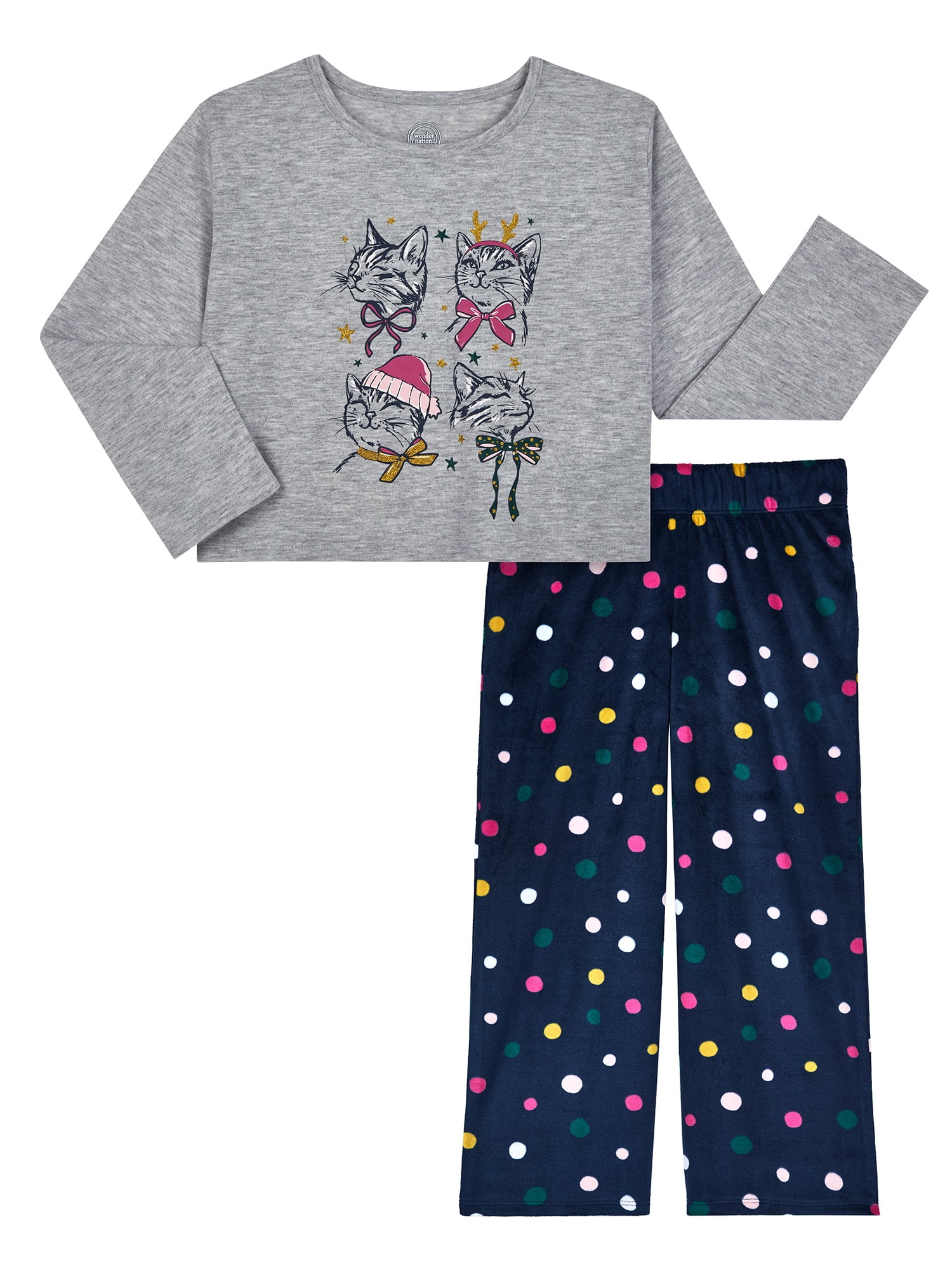 Wonder Nation Girls Holiday Long Sleeve Top and Wide Leg Pant Pajama Set, 2-Piece, Sizes 4-18 & P... | Walmart (US)