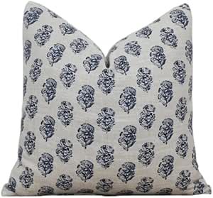 Floral Block Print Pillow Cover in Tan and Navy Blue, 20" x 20" | Amazon (US)