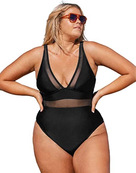 CUPSHE Women Plus Size One Piece Swimsuit V Neck Mesh Sheer Tummy Control Bathing Suit with Adjus... | Amazon (US)