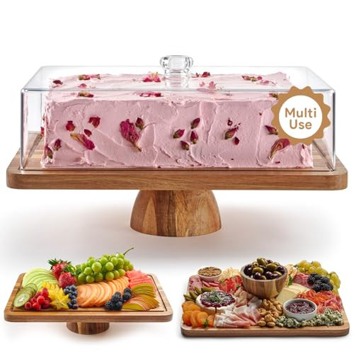 HOMESPHERE Acacia Wood Cake Stand with Lid - Rectangular Cake Holder, 2-in-1 Dessert Table Display Set & Charcuterie Board for Cheese, Chips, Fruit Platter, Large Acrylic Cake Dome Cover, No Glass | Amazon (US)