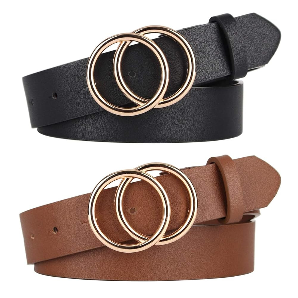 UnFader Pack 2 Women Belts for Jeans with Fashion Double O-Ring Buckle and Faux Leather | Amazon (US)