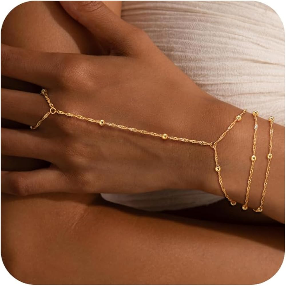 Valentine's Day 14K Gold Plated Hand Chain Bracelet for Women Trendy, 2 Pcs Stackable Gold/Silver... | Amazon (US)