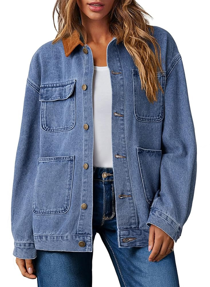 Dokotoo Jean Jacket Women Trendy Fall Fashion Long Sleeve Denim Jacket Color Block Barn Jackets O... | Amazon (US)