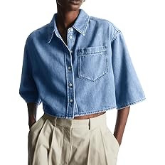 Tankaneo Womens Crop Denim Shirt Half Sleeve Button Down Short Jean Jacket with Pocket | Amazon (US)