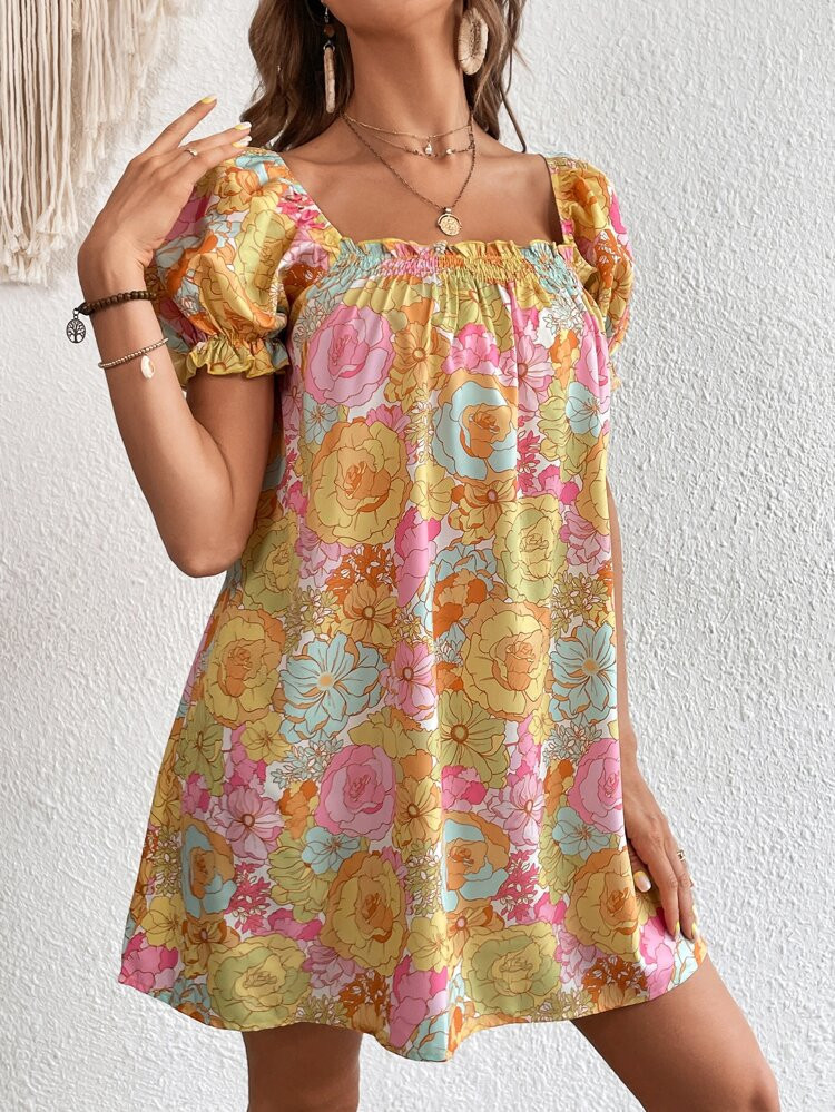 SHEIN VCAY Floral Print Puff Sleeve Square Neck Dress | SHEIN