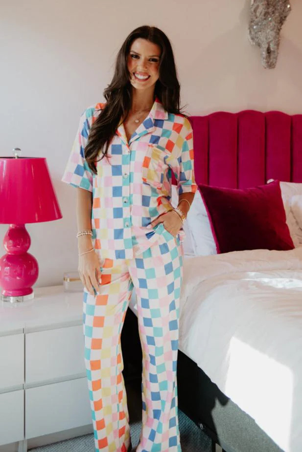 Multicolor Checkered Cozy Loungewear Pants Set | Katydid.com