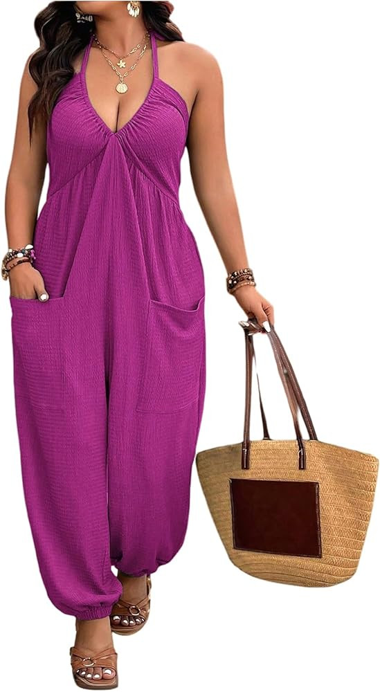 WDIRARA Women's Plus Size Backless Halter Jumpsuit Deep V Neck Sleeveless Pants Romper | Amazon (US)