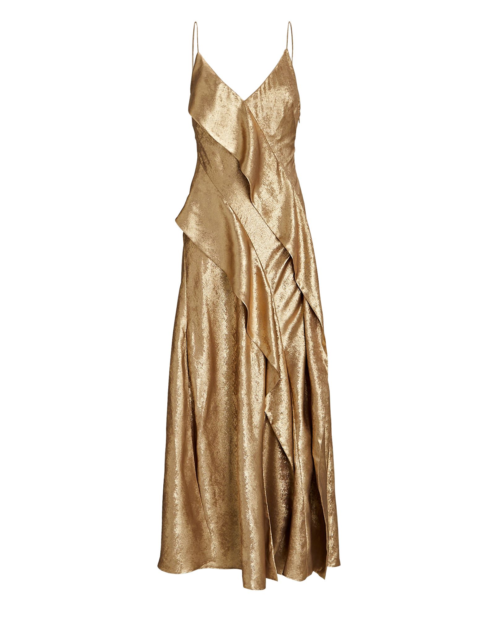 Queensbridge Ruffled Metallic Chiffon Midi Dress | INTERMIX