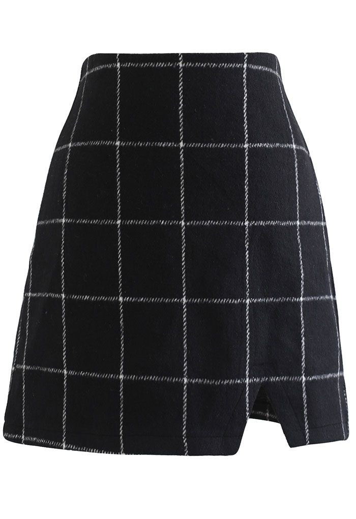 Black Grid Wool-Blend Mini Bud Skirt | Chicwish