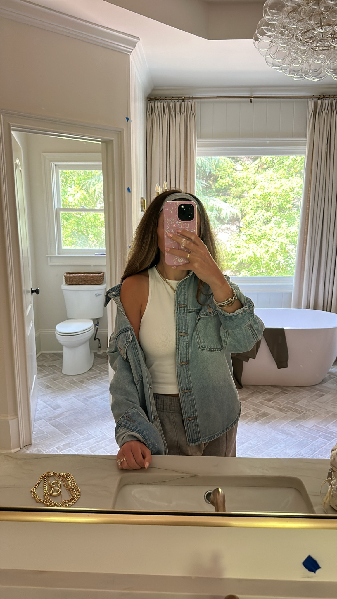 Casual outfit 
Joggers 
Tank top 
Denim shirt jacket Shacket - small 

#LTKhome #LTKstyletip #LTKfindsunder50