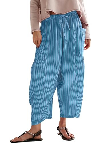 Women Summer Striped Harem Pants Casual Baggy Wide Leg Tapered Trousers Drawstring Waist Palazzo ... | Amazon (US)