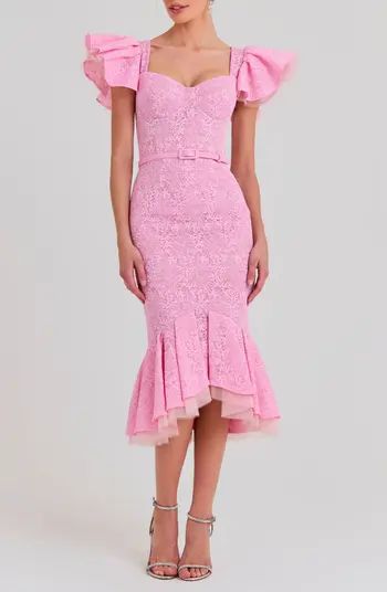 Mindy Belted Ruffle Lace Midi Dress | Nordstrom