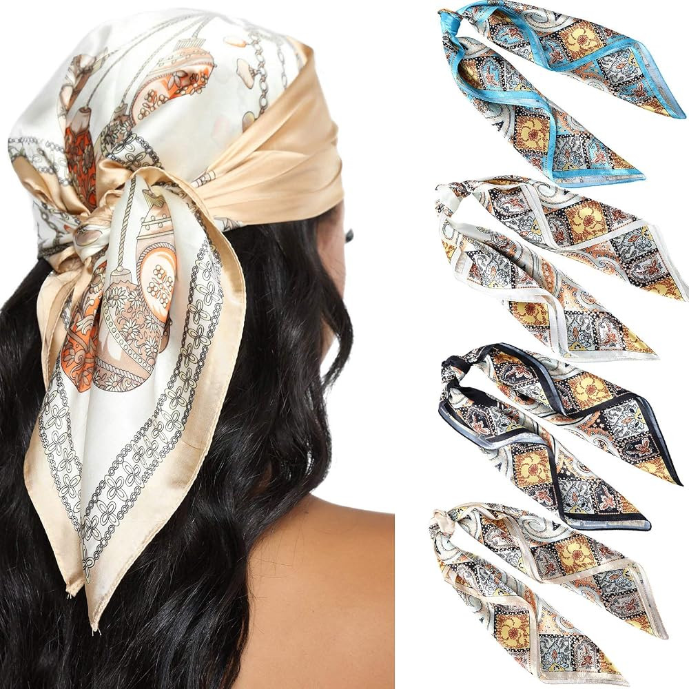23.6 Inches Satin Head Scarves for Women 4PCS Square Silk Like Hair Scarves Silk Hair Bandanas | Amazon (US)