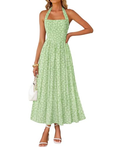 ZESICA Women's Summer Sleeveless Floral Maxi Dresses 2026 Halter Neck Wedding Guest Cocktail Party Flowy A Line Long Dress Light Green Small | Amazon (US)