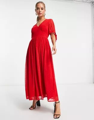Never Fully Dressed tie sleeve glitter heart midaxi dress in red | ASOS (Global)