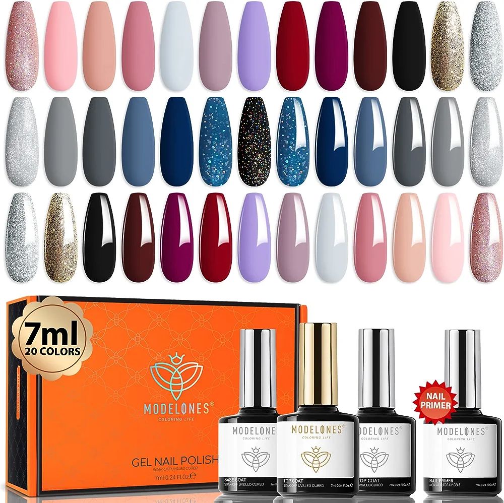 Modelones 24 Pcs Gel Polish Nail Kit, 20 Colors 7ml Popular Nude Pink Neutral Blue Glitter Nail P... | Amazon (US)