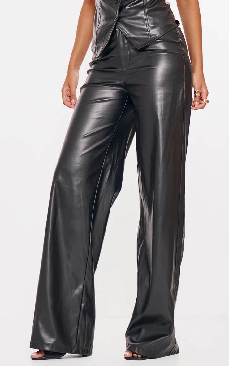 Tall Black Faux Leather Mid Rise Wide Leg Pants | PrettyLittleThing US