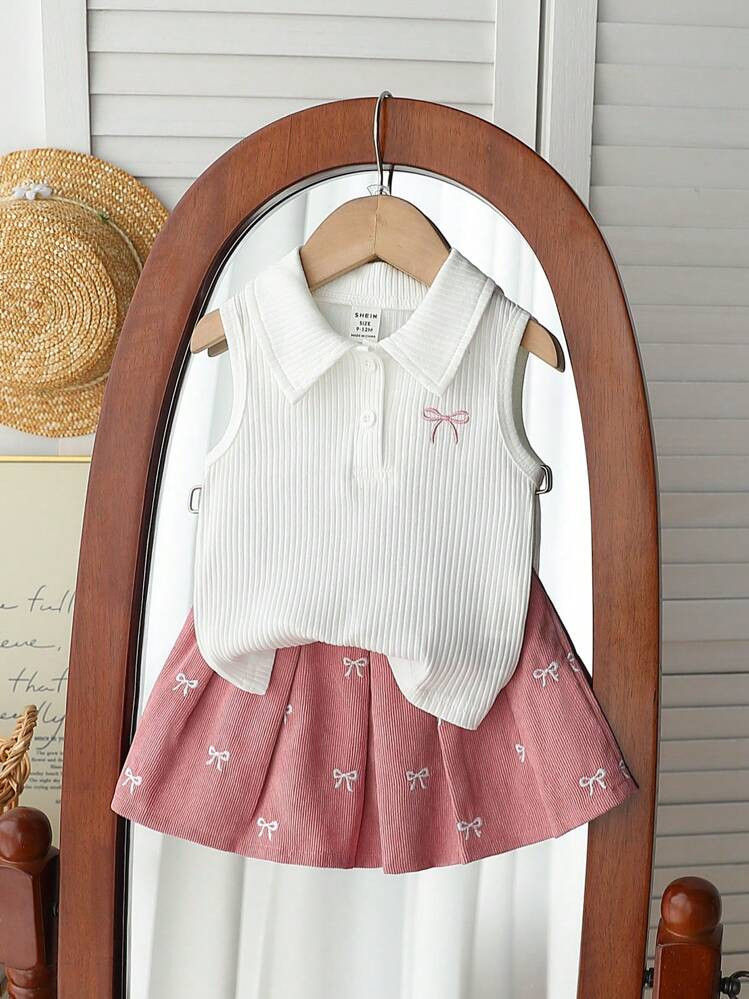 Souflis Souflis 2pcs/Set Baby Girl Spring&Summer Casual Style Bowknot-Shape Embroidery Sleeveless Top&Short Pleated Skirt | SHEIN