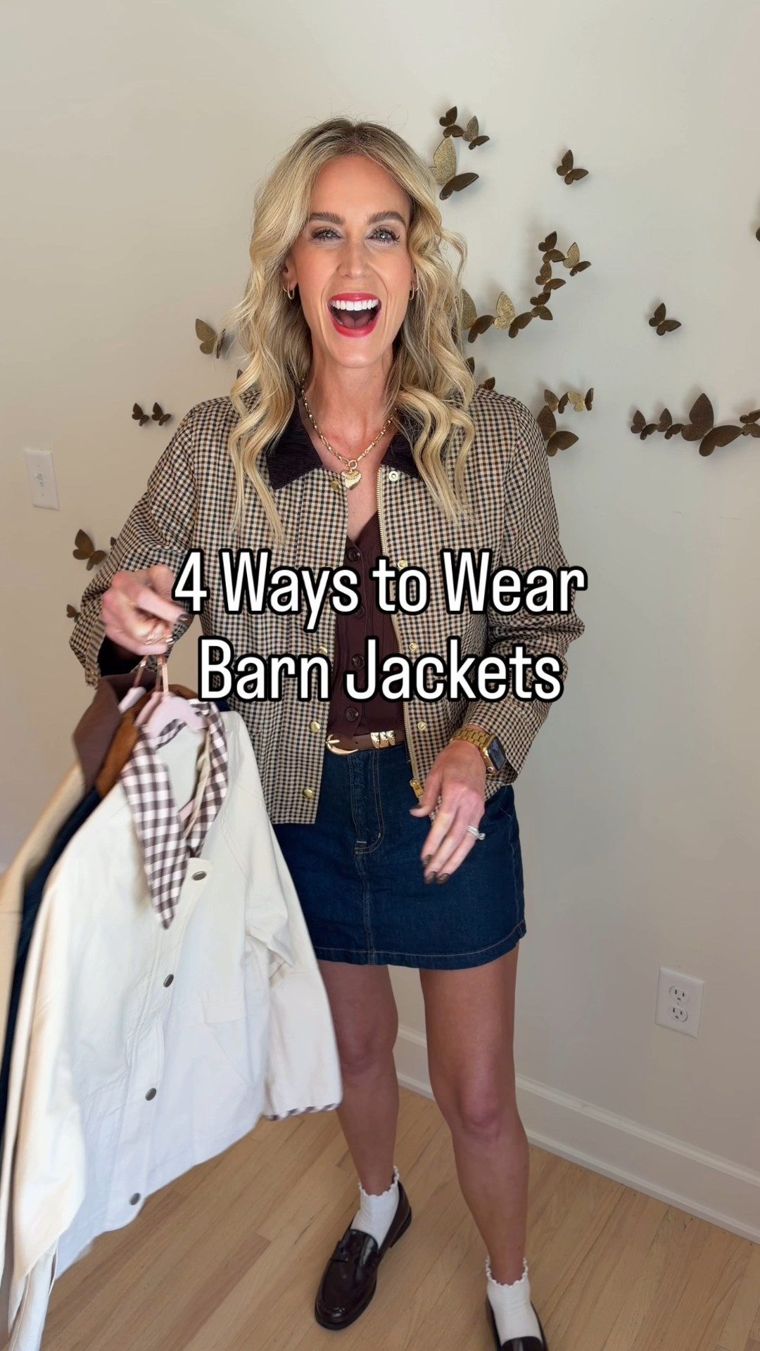 4 ways to style barn jackets! I love this plaid barn jacket, denim barn jacket, tan barn jacket, and light colored barn jackets all styled different ways most from Amazon!! 