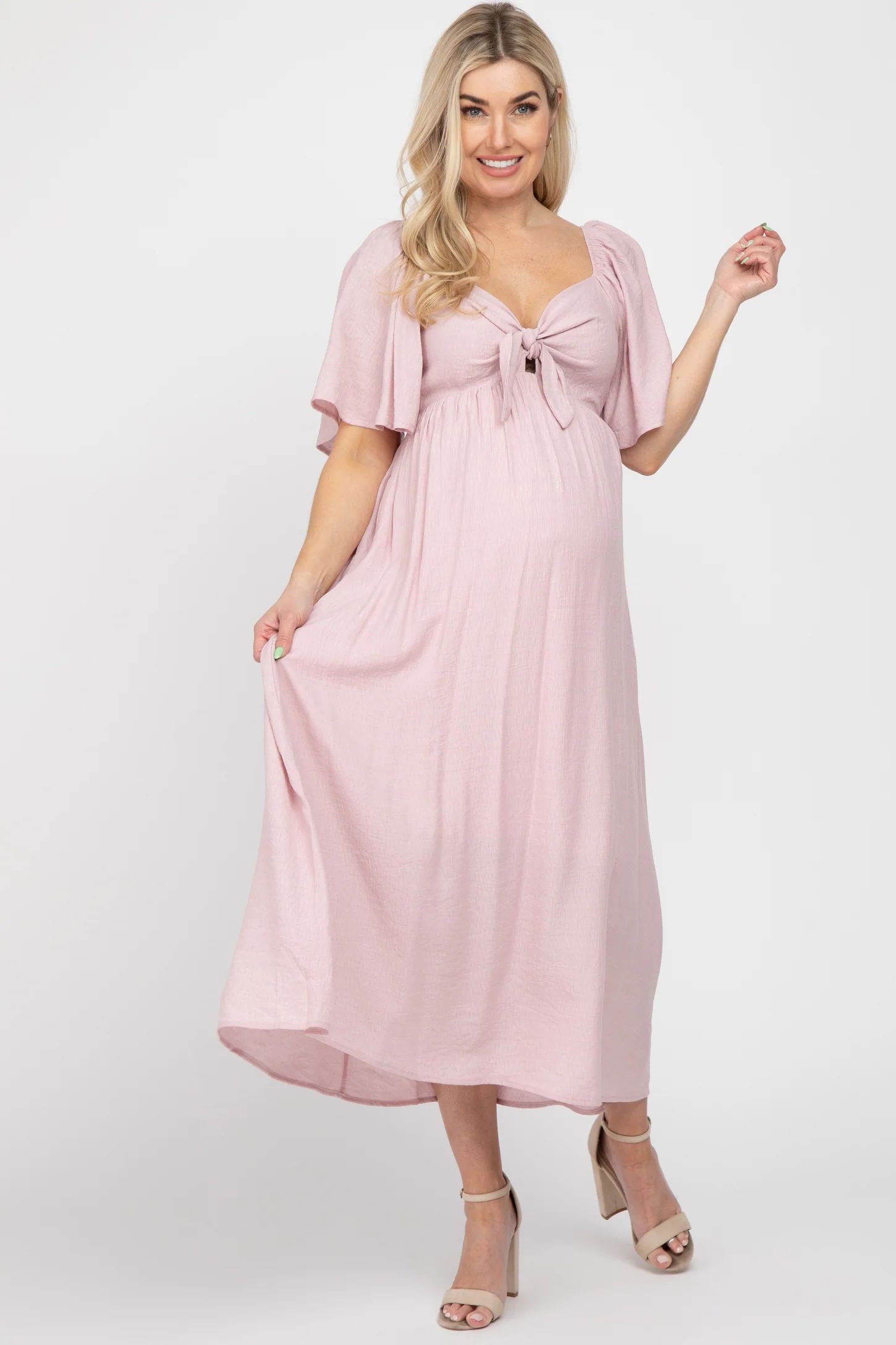 Light Pink Front Tie Ruffle Sleeve Maternity Midi Dress | PinkBlush Maternity
