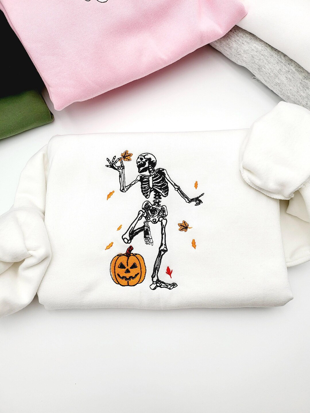 Halloween Sweatshirt Skeleton Embroidered dancing Skelly Sweatshirt Skeleton Sweatshirt Fall Crew... | Etsy (US)