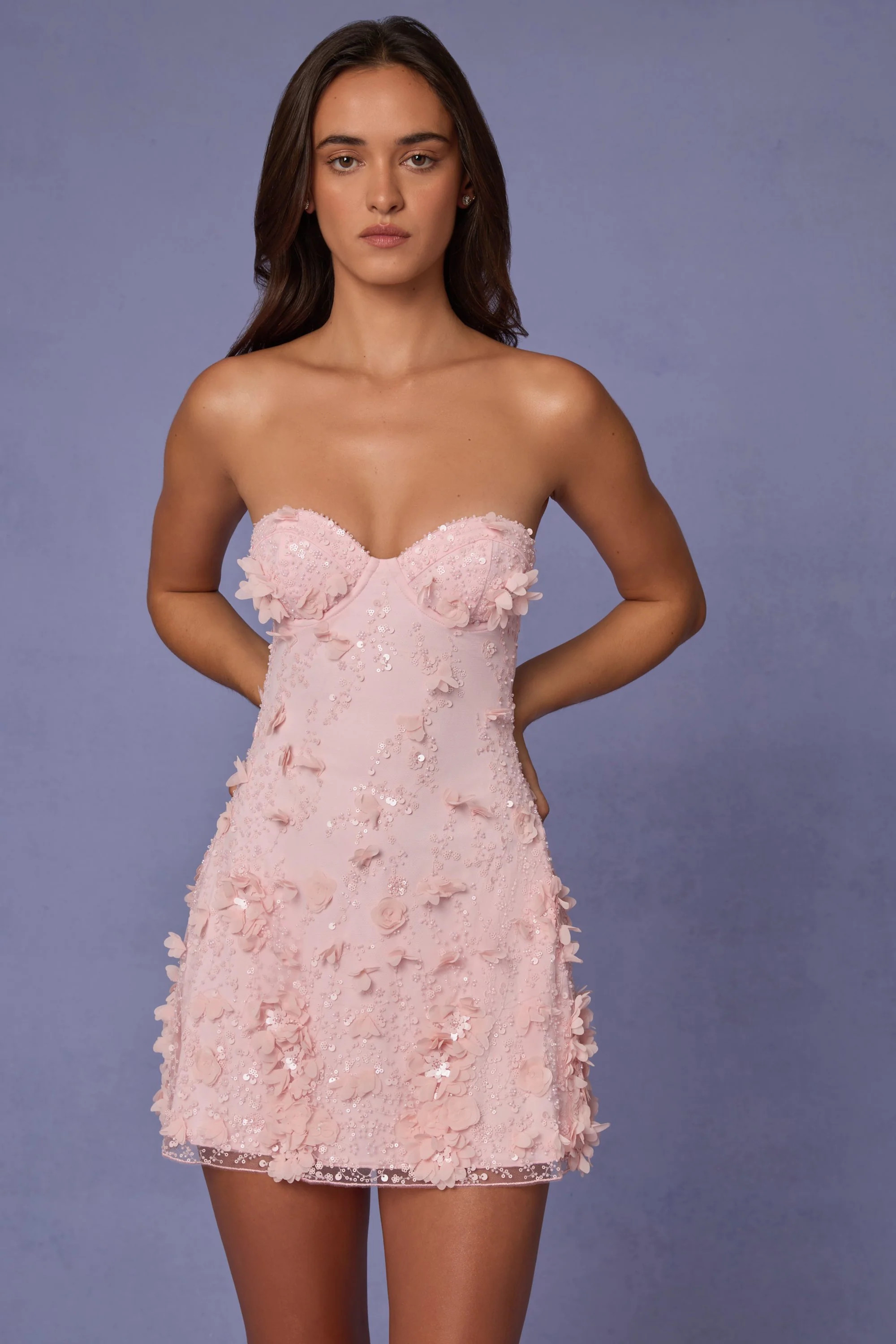 Embellished Bandeau A-line Mini Dress in Ballet Pink | Oh Polly