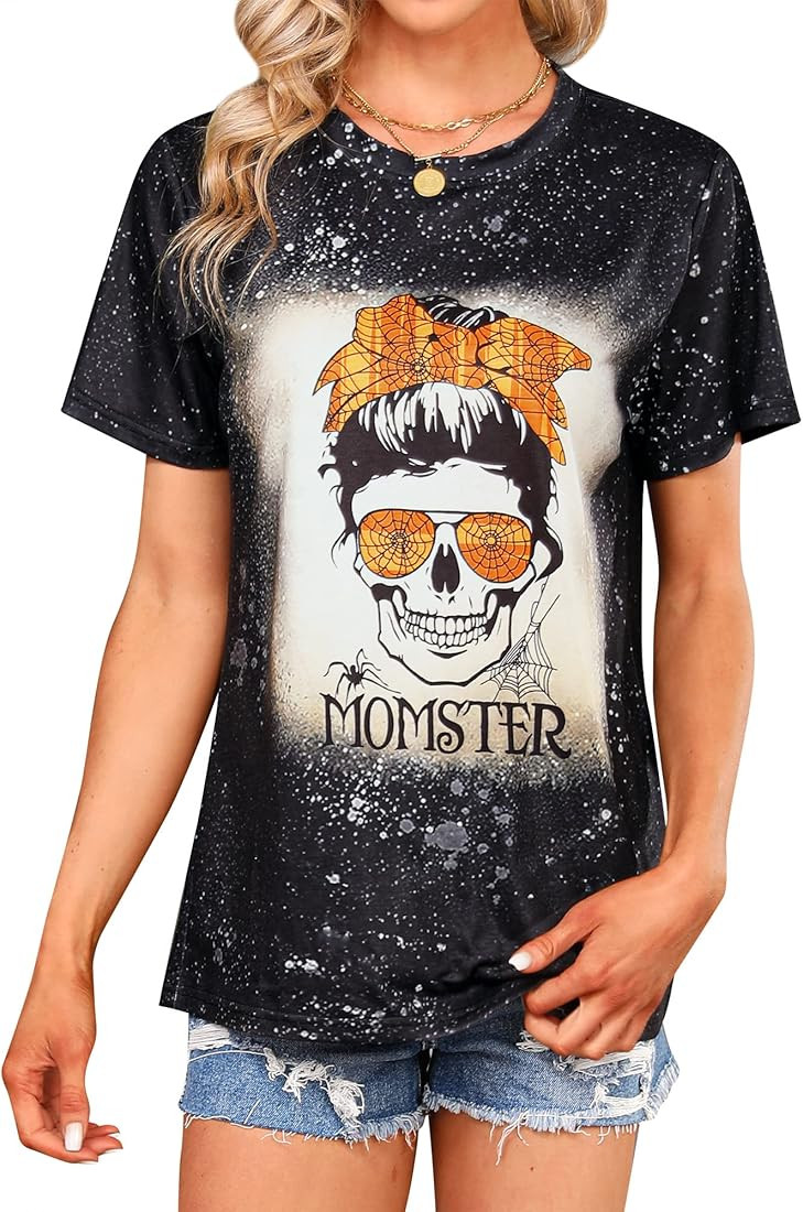 StarVnc Halloween Momster Vintage Bleached Shirt for Women Funny Skull Spider Web Graphic Tee Mom... | Amazon (US)
