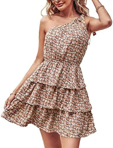 PRETTYGARDEN Women's Summer Tie One Shoulder Boho Floral Dress Elastic Waist Tiered Ruffle A Line... | Amazon (US)