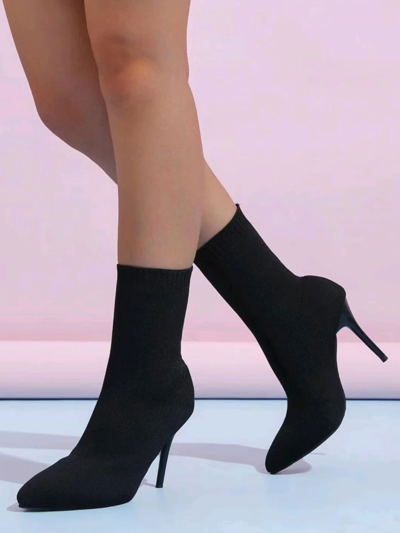 Women's Fashionable Pointed-toe Black Knit Ankle Boots, High Heeled Short Socks Boots, Solid Colo... | SHEIN