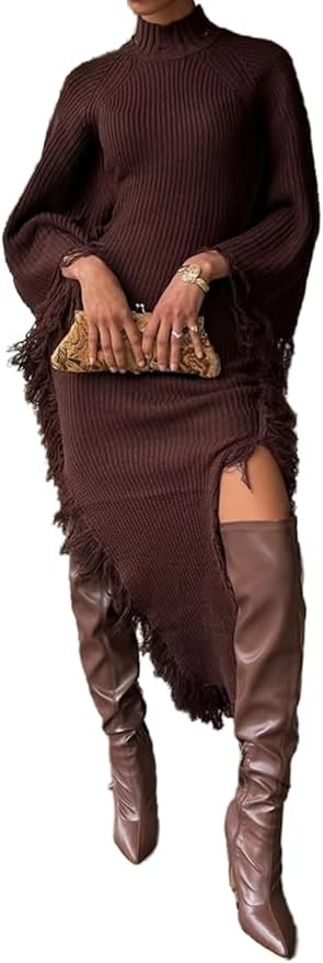 NRTHYE Women Fringe Long Sweater Dresses Knit Turtleneck Batwing Sleeve Sexy Side Slit Tassel Max... | Amazon (US)