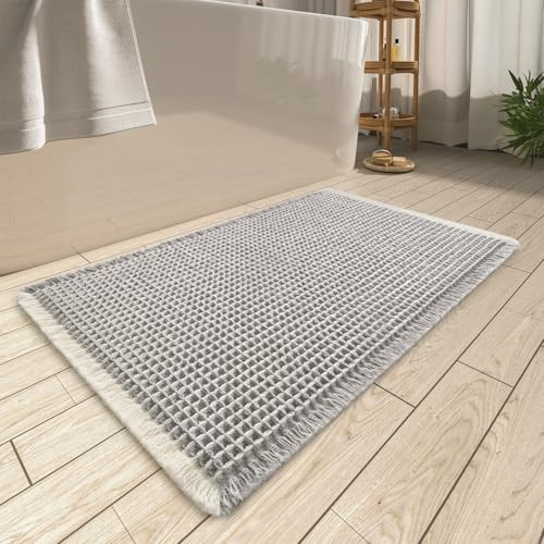 Upgraded Waffle Bath Mat, Super Absorbent Non Slip Bath Mats for Bathroom Floor, Machine Washable Bathroom Rugs with Tassels, Rubber Backed Bathroom Mats, Ultra Soft, 18" x 30",LightGrey & Cream | Amazon (US)