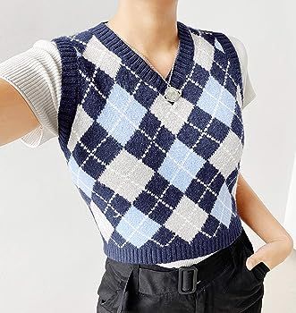 Womens Sweater Vest Argyle Plaid Crop Sweaters Sleeveless Preppy Style Tank Tops | Amazon (US)