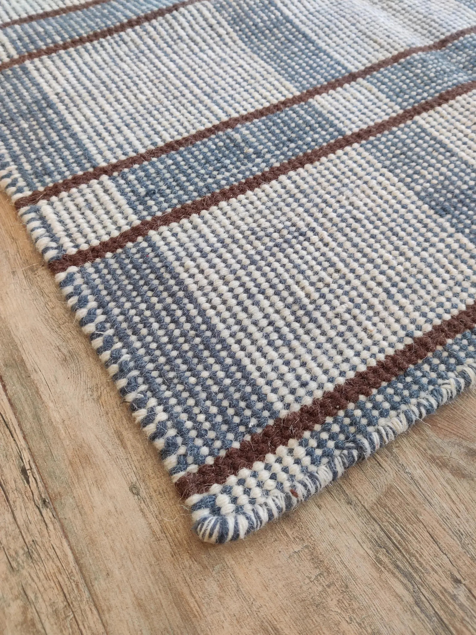 Modern Checkered Wool Area Rug, Blue And Brown Striped Wool Rug, Scandinavian Style Flatweave Rug... | Etsy (Global)