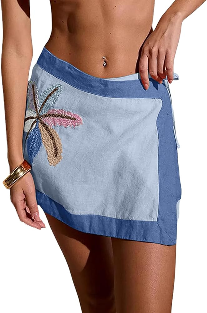 Huaqiao Women's Embroidered Wrap Mini Skirt Summer Cotton Linen Tie Side High Waist A Line Beach ... | Amazon (US)