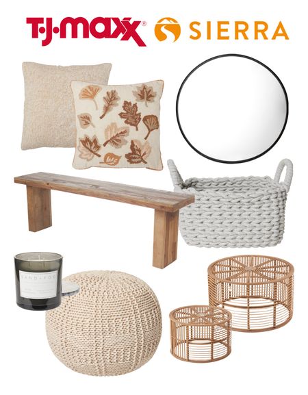 TJ Maxx, Sierra, wall mirror, cotton rope basket; throw pillow, wood bench, candle, bamboo coffee table, pouf ottoman 

#LTKsalealert #LTKhome #LTKstyletip