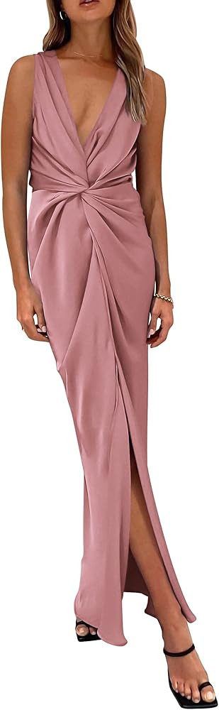 PRETTYGARDEN Women's Satin Ruched Bodycon Dress Summer 2023 Twist Front V Neck Sleeveless Split M... | Amazon (US)