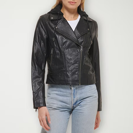 Levi's Womens Faux Leather Hooded Motorcycle Jacket, Large, Black | JCPenney