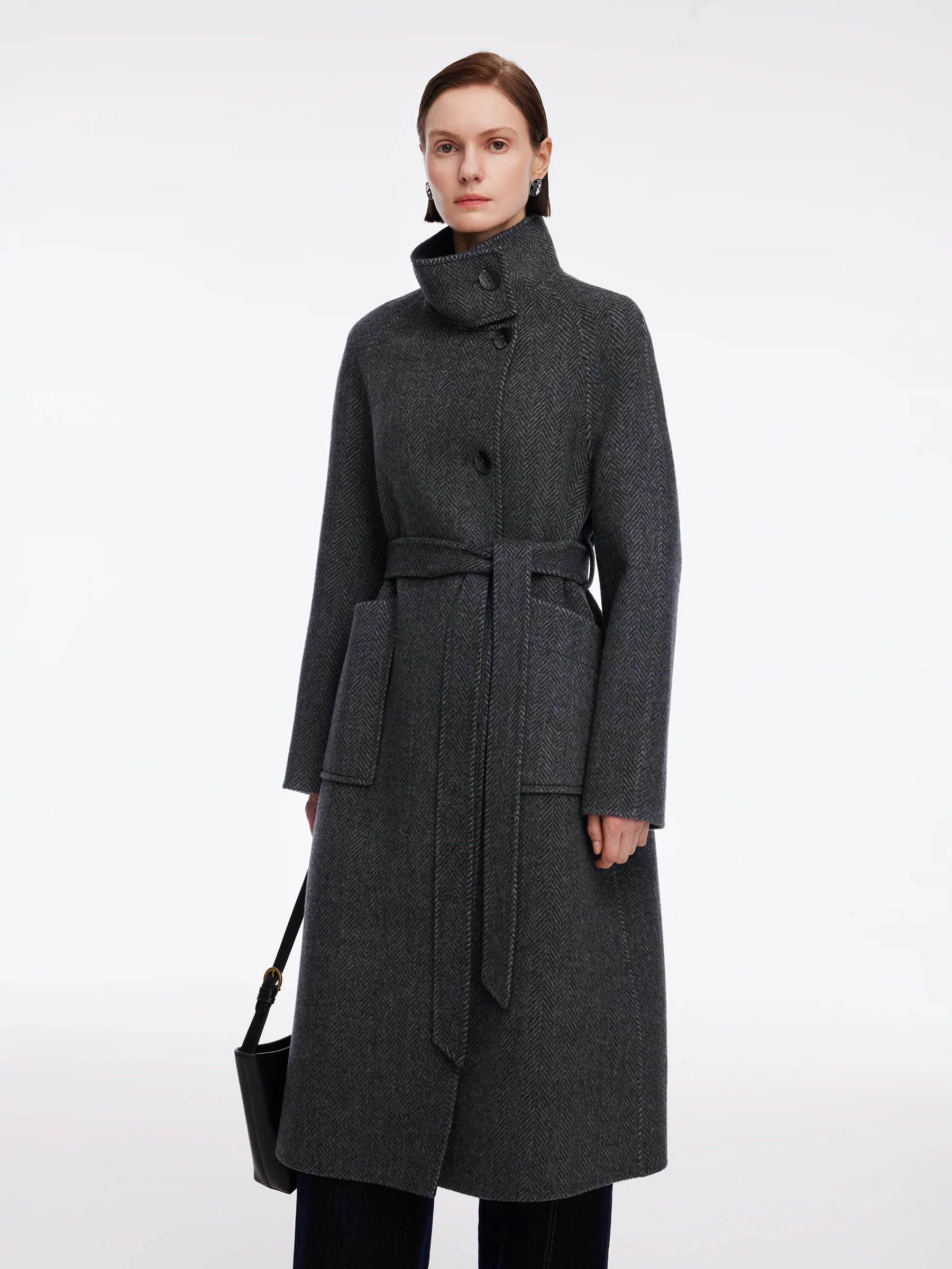 Cashmere Wool Blend Double-Faced Women Self-Tie Belt Overcoat | GOELIA