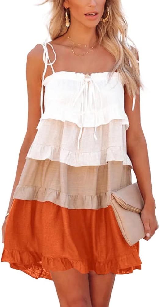 thefabland Women's Color Block Tiered Summer Dresses Adjustable Spaghetti Strap Flowy Dress Beach Su | Amazon (US)
