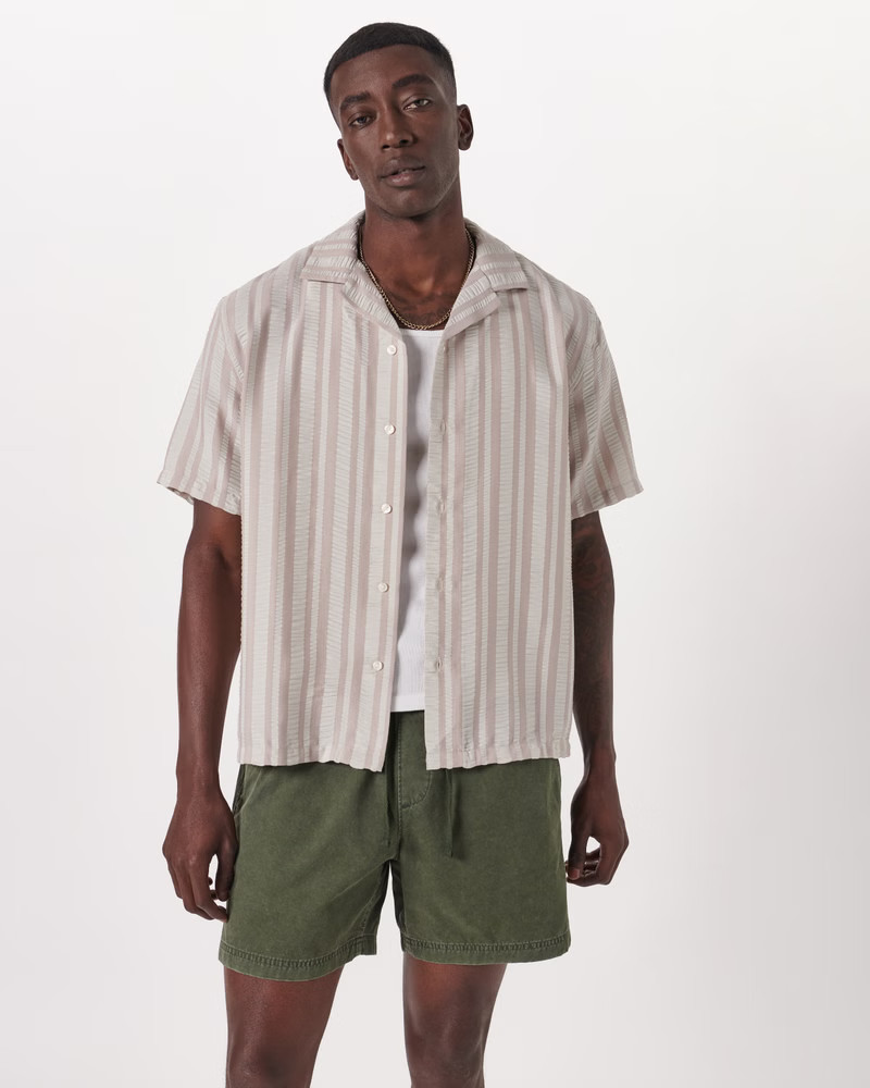 Camp Collar Jacquard Striped Button-Up Shirt | Abercrombie & Fitch (US)
