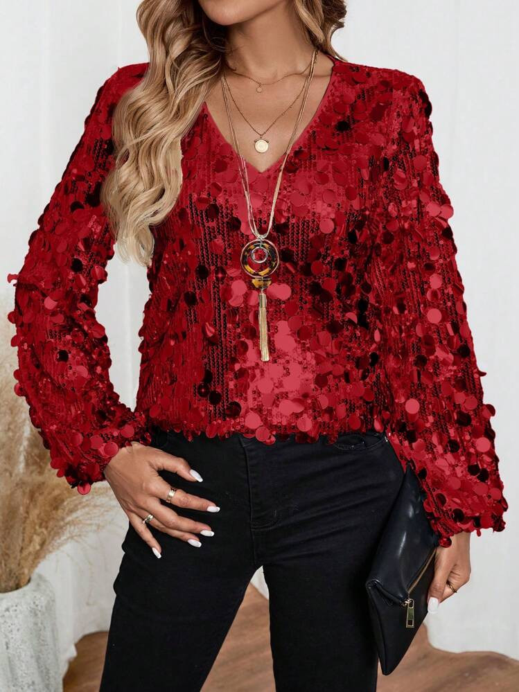 EMERY ROSE Women's Pearl Embellished V-Neck Long Sleeve Casual Elegant Blouse, Suitable For Leisu... | SHEIN