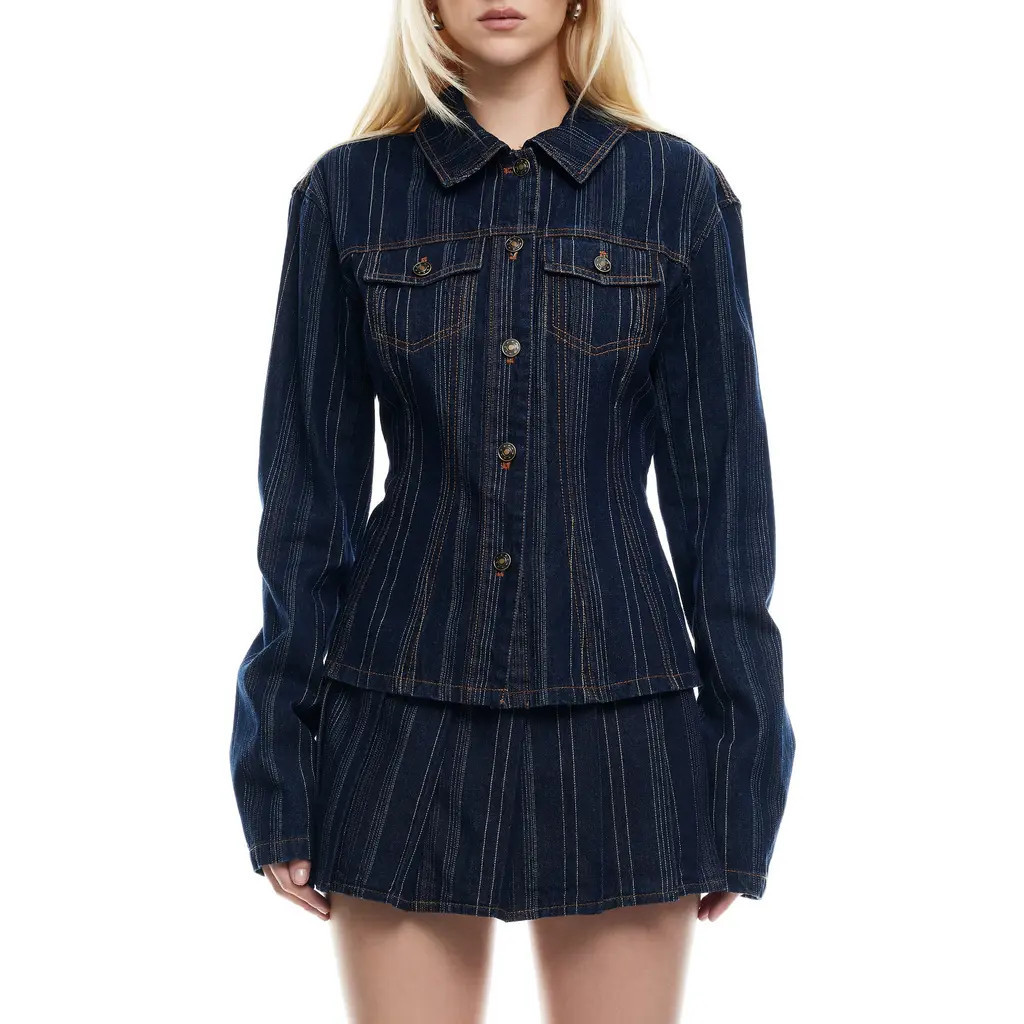 LIONESS Rider Topstitch Detail Denim Jacket in Dark Denim Stripe at Nordstrom, Size Medium | Nordstrom
