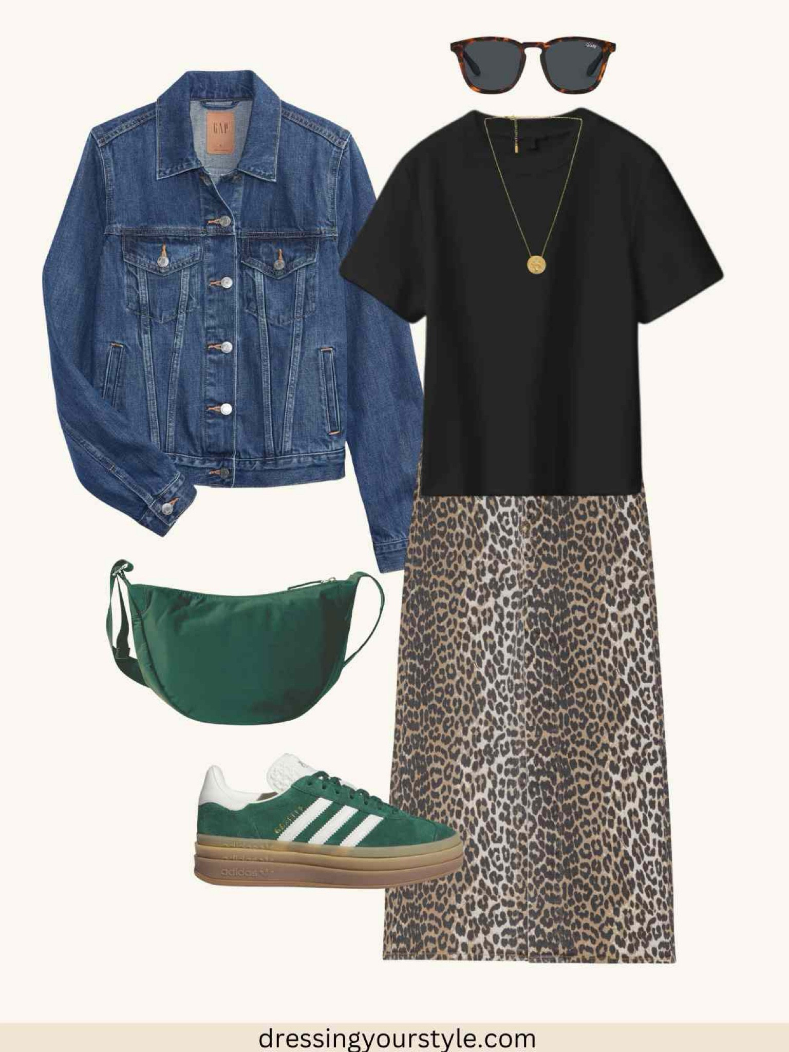 Leopard print skirt outfit with basic black tee, oversized denim jacket and green Adidas Gazelle Bold sneakers. 

Leopard midi skirt, leopard print maxi skirt, leopard outfit, leopard print midi skirt, casual outfit, green sneakers, green adidas platform sneakers, spring outfit, summer outfit

#LTKOver40