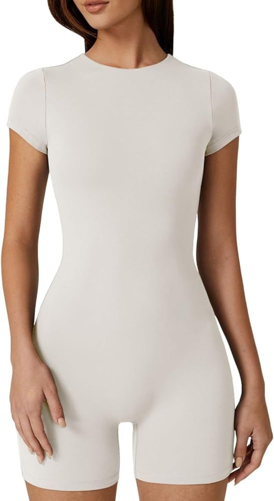 QINSEN Womens Short Sleeve Crewneck Top Tummy Control Bodycon Stretch Shorts Jumpsuit Rompers | Amazon (US)