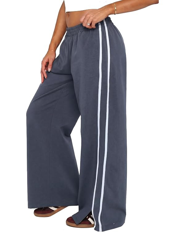 Women's Elasticated Waistband Side Pockets Double Stripe Split at Bottom Hem Wide Leg Pants | Amazon (US)