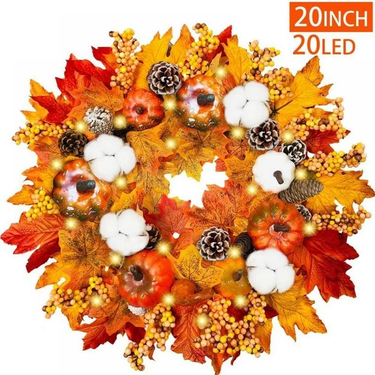 Novobey 19.69" Prelit Fall Wreath for Front Door with 20 Warm Light Pumpkin Maples Leaf Pine Cone... | Walmart (US)