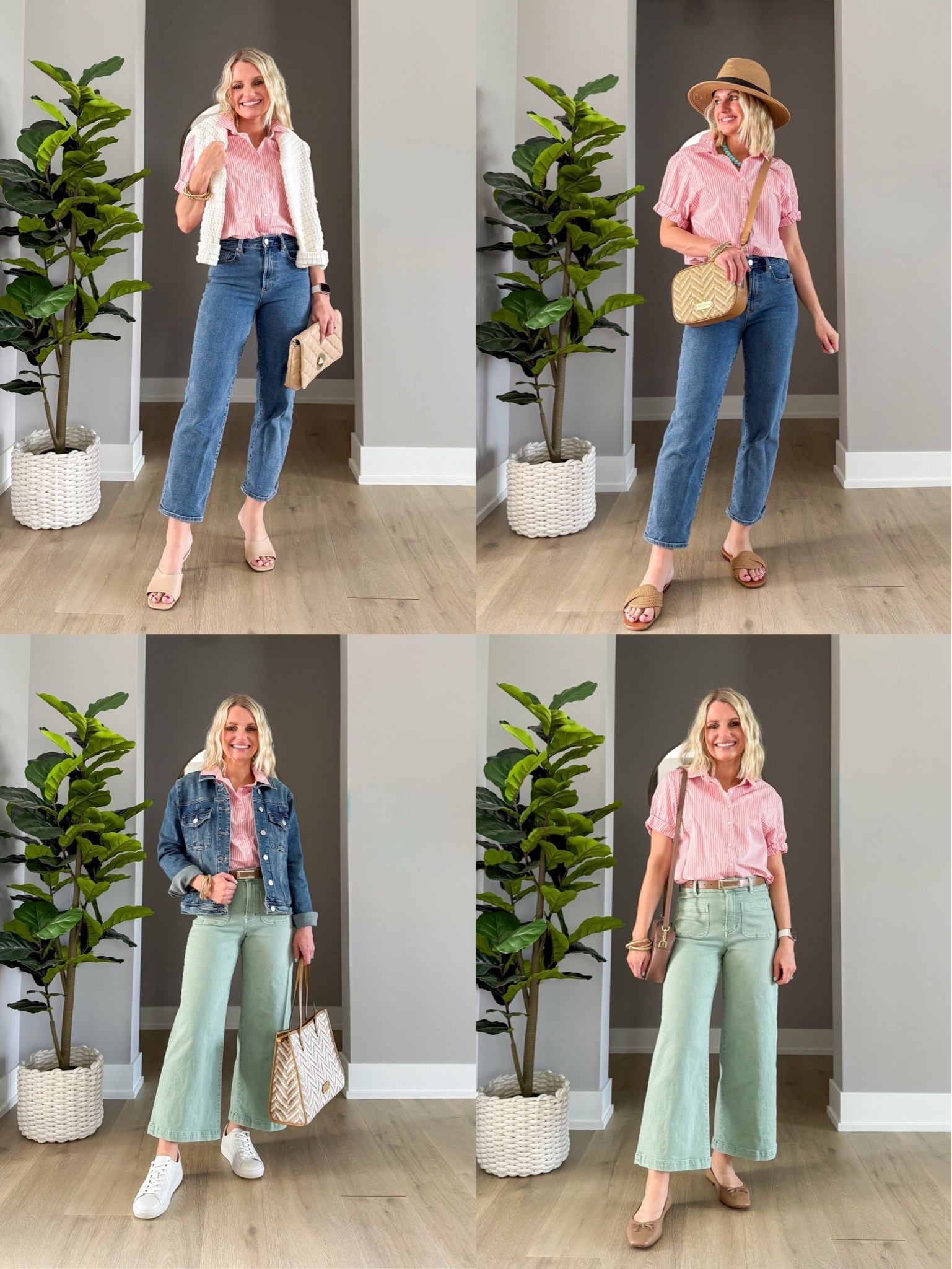 Pink striped Bella button down short sleeve shirt styled 4 ways! 
✨Use the code DJXKATIE20 for 20% off at @Dear John Denim

#LTKootd #LTKPetite #LTKOver40