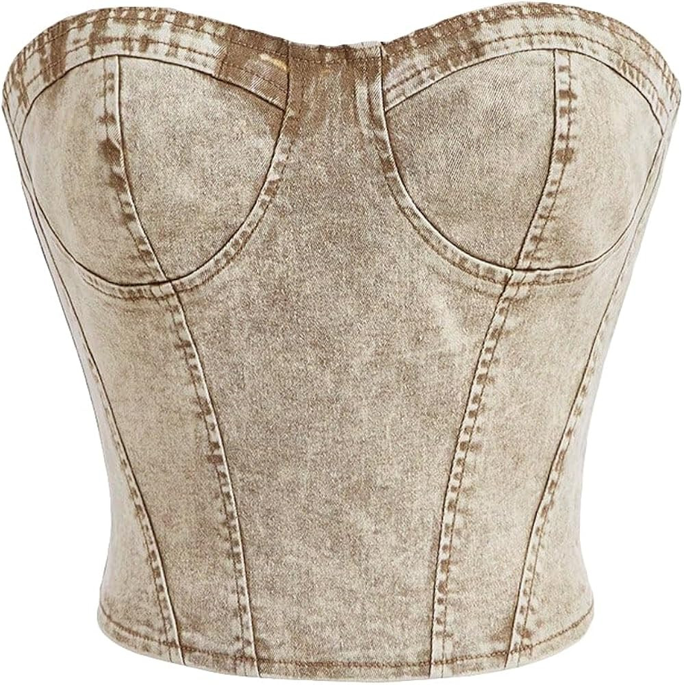 Milumia Women's Hanky Hem Denim Tube Top Zipper Back Strapless Corset Crop Tops | Amazon (US)